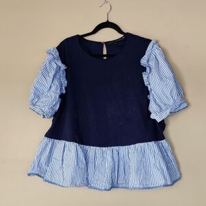 English Factory  Blouse in Navy and Light Blue